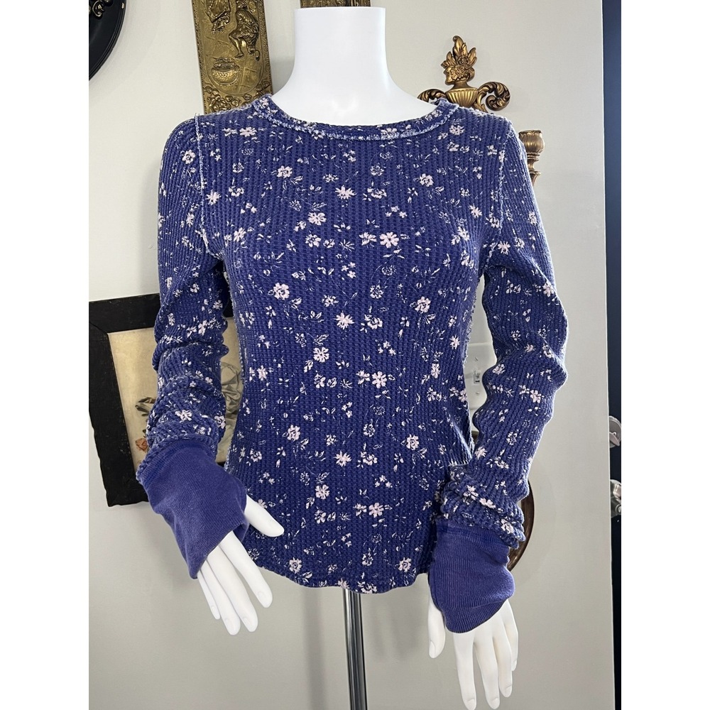 We The Free Free People Blue Floral Thermal Knit Long Sleeve Top Size L